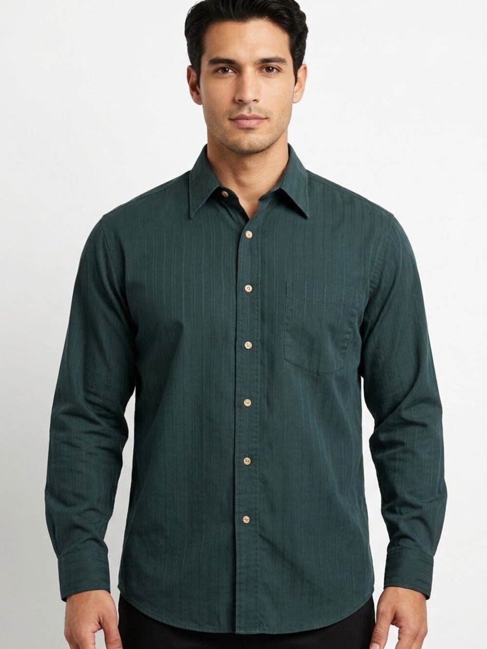 Ketch Men Dark Green Pinstripe Dress Shirt Size 16 34/35 Single Needle